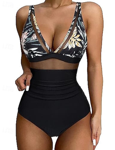 Swimwear One Piece Bikini Shorts Swimsuit Mesh Backless Vacation Beach Wear Leopard Leaves V Neck Sleeveless Bathing Suits