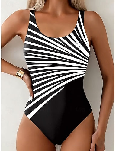 Swimwear One Piece Briefs Swimsuit Vacation Graphic Geometric Round Neck Sleeveless Bathing Suits