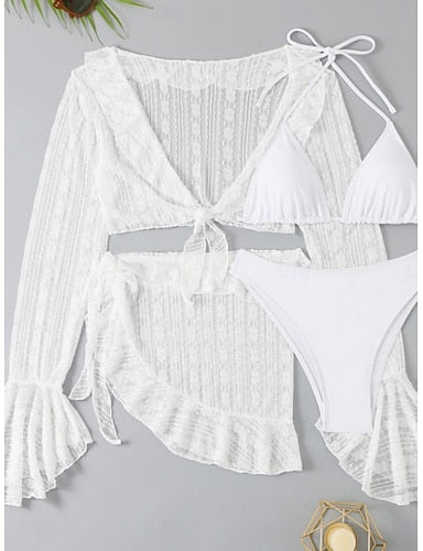 Bikini Swimsuit Skirt Slim Backless Vacation Beach Wear Color V Neck Sleeveless Long Sleeve Bathing Suits