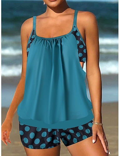 Tankini 2 Piece Swimsuit Shorts Tummy Control High Waist Slim Backless Vacation Beach Wear Polka Dot U Neck Sleeveless Bathing Suits