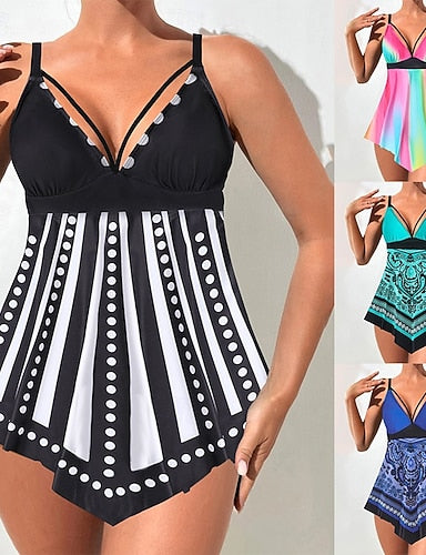Tankini 2 Piece Swimsuit Skirt Tummy Control High Waist Slim Backless Vacation Beach Wear Color Block V Neck Sleeveless Bathing Suits