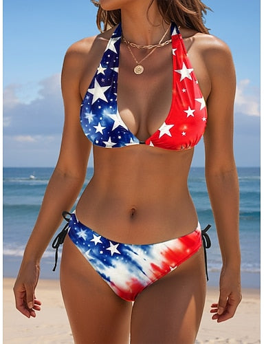 Independence Day Patriotic Swimsuits Bikini 2 Piece Cheeky Swimsuit Backless Slim Vacation Beach Wear Graphic Flag V Neck Sleeveless Bathing Suits