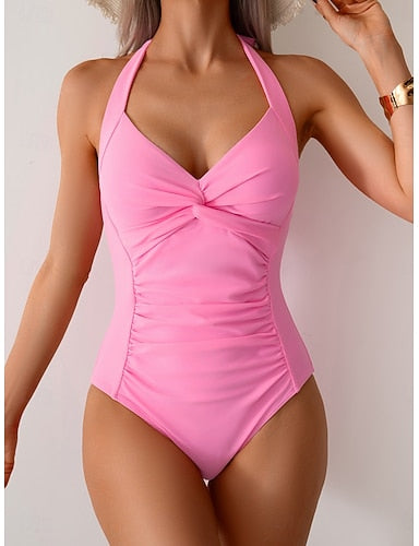 One Piece Swimsuit Ruched Monokini Tummy Control High Waist Slim Backless Vacation Beach Wear Color Halter Neck Sleeveless Bathing Suits