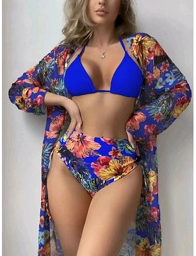 Swimwear Bikini Three Piece Briefs Swimsuit Slim Backless Vacation Beach Wear Halter Neck Long Sleeve Bathing Suits