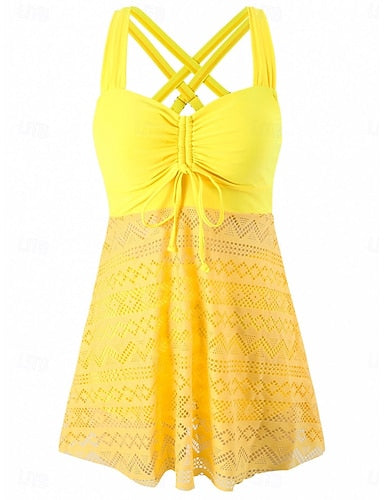 Tankini 2 Piece Swimsuit Dress Shorts Tummy Control High Waist Slim Backless Vacation Beach Wear Color V Neck Sleeveless Bathing Suits