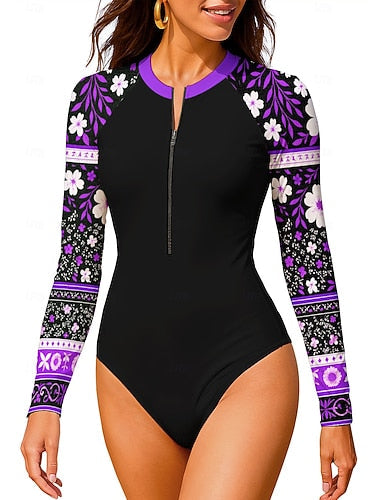 Regular Rash Guard Bathing Suit One Piece Swimsuit Color-blocking With Built in Bra Upf50+ Uv Protection Stretchy Long Sleeve Swimwear Bodysuit Surfing Beach Water Sports Summer