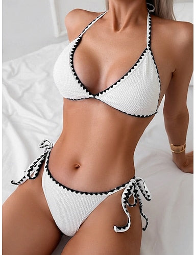 Bikini 2 Piece Swimsuit Underwire Tie Side Slim Backless Vacation Beach Wear Color Halter Neck Sleeveless Bathing Suits