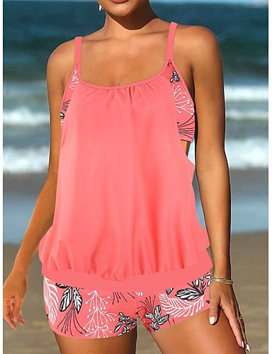 Tankini 2 Piece Swimsuit Palm Shorts Tummy Control High Waist Slim Backless Vacation Beach Wear Color Block Leaves U Neck Sleeveless Bathing Suits