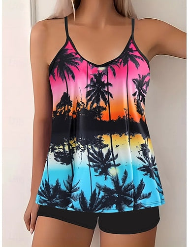 Tankini 2 Piece Swimsuit Palm Boy Leg Tummy Control High Waist Slim Backless Vacation Beach Wear Sunflower V Neck Sleeveless Bathing Suits