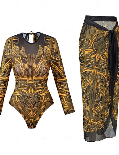 One Piece Swimsuit Slimming With Skirt Monokini Skirt Tummy Control High Waist Slim Backless Vacation Beach Wear Graphic Color Block Round Neck Long Sleeve Bathing Suits