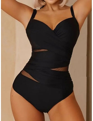 One Piece Swimsuit Slimming Cutout Monokini Tummy Control High Waist Slim Backless Vacation Beach Wear Color V Neck Sleeveless Bathing Suits