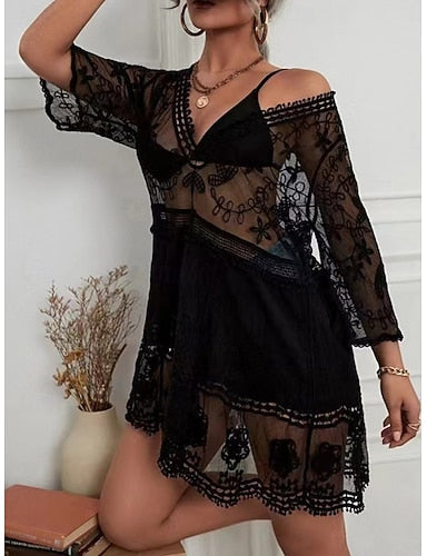 Swimwear Cover Up Swim Dress Swimsuit Lace Vacation Beach Wear Color V Neck Long Sleeve Bathing Suits