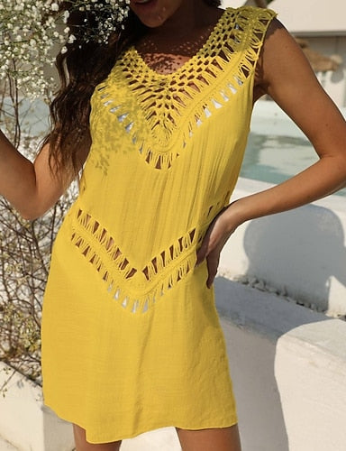 Swimwear Cover Up Swim Dress Dress Swimsuit Cut Out Vacation Beach Wear Color V Neck Sleeveless Bathing Suits