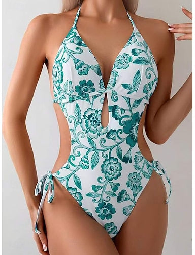 Swimwear One Piece Bikini High Waist Swimsuit Ruched Patchwork Vacation Beach Wear Graphic Halter Neck Sleeveless Bathing Suits