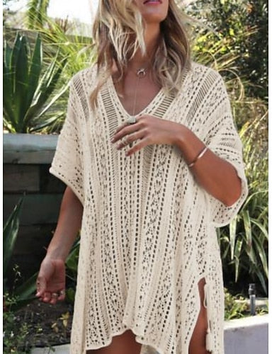 Swimwear Cover Up Swim Dress Swimsuit Cut Out Vacation Beach Wear Color V Neck Short Sleeves Bathing Suits