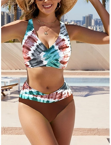 Bikini 2 Piece Swimsuit Ruched Colorblock Cheeky Slim Backless Vacation Beach Wear Graphic Geometric V Neck Sleeveless Bathing Suits