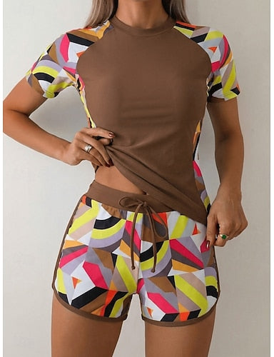 Swimwear Tankini 2 Piece Shorts Swimsuit Tummy Control High Waist Slim Backless Vacation Beach Wear Graphic High Neck Short Sleeves Bathing Suits