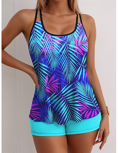 Tankini 2 Piece Swimsuit Palm High Waist Backless Vacation Beach Wear Graphic Geometic Scoop Neck Sleeveless Bathing Suits