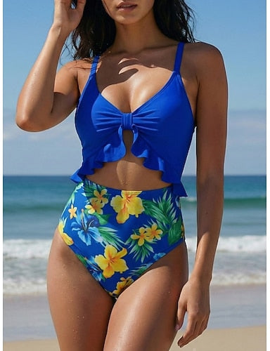 Swimwear One Piece Monokini Swimsuit Ruffle Tummy Control High Waist Slim Backless Vacation Beach Wear V Neck Sleeveless Bathing Suits