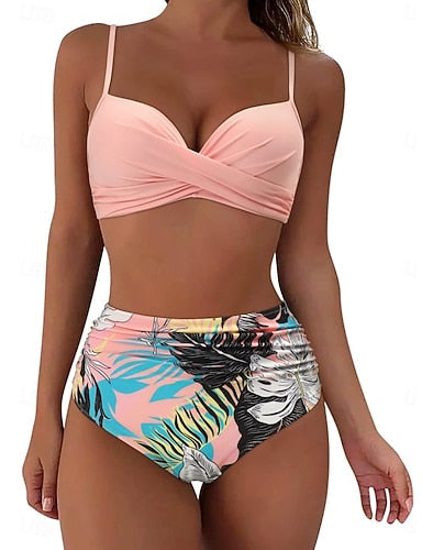 Bikini 2 Piece Swimsuit Ruched Underwire Briefs Slim Backless Vacation Beach Wear Graphic V Neck Sleeveless Bathing Suits
