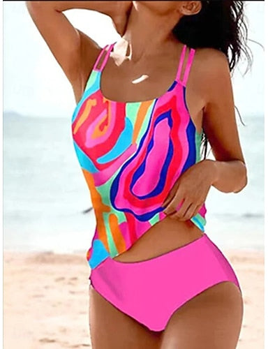 Swimwear Tankini 2 Piece Cheeky Swimsuit Tummy Control High Waist Slim Backless Vacation Beach Wear U Neck Sleeveless Bathing Suits