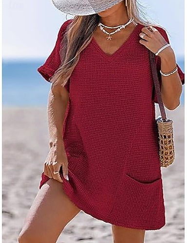 Swimwear Cover Up Swim Dress Dress Swimsuit Patchwork Pocket Vacation Beach Wear Plain V Neck Short Sleeves Bathing Suits