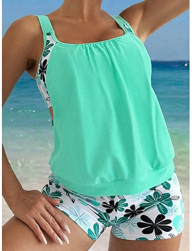 Swimwear 2 Piece High Waist Swimsuit Ruched Active Vacation Graphic U Neck Sleeveless Bathing Suits