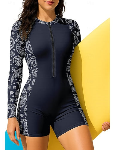 Regular Rash Guard Bathing Suit Boyleg Paisley Zip Up Removable Pad Front Zip Uv Sun Protection Upf50+ Ultra Light (ul) Long Sleeve Swimwear Sun Shirt Surfing Canoeing Beach Summer