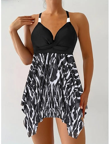 Tankini 2 Piece Swimsuit Leopard Cheeky Tummy Control High Waist Slim Backless Vacation Beach Wear V Neck Sleeveless Bathing Suits