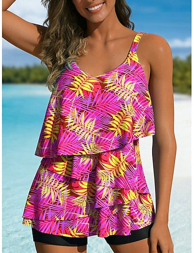 Swimwear Tankini 2 Piece High Waist Swimsuit Tummy Control High Waist Slim Backless Vacation Beach Wear Tropical U Neck Sleeveless Bathing Suits