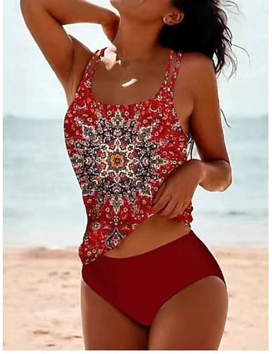 Swimwear Tankini 2 Piece Cheeky Swimsuit Tummy Control High Waist Slim Backless Vacation Beach Wear U Neck Sleeveless Bathing Suits