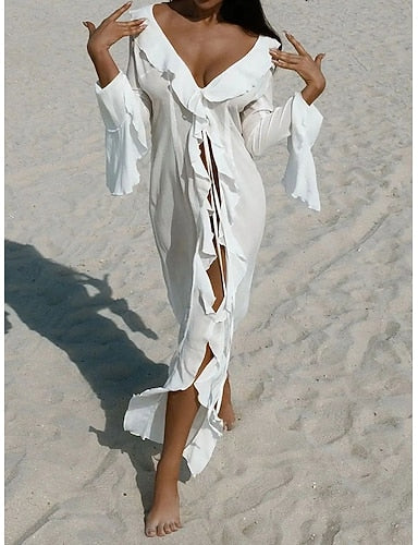 Swimwear Cover Up Swim Dress Dress Swimsuit Ruched Tie Front Vacation Beach Wear Plain V Neck Long Sleeve Bathing Suits