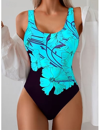 One Piece Swimsuit Slimming Monokini Briefs Tummy Control High Waist Slim Backless Vacation Graphic U Neck Sleeveless Bathing Suits