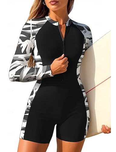 Rash Guard One Piece Surfing Suit Bathing Suit Geometric Tropical Color-blocking Zip Up With Built in Bra Removable Pad Uv Sun Protection Upf50+ Ultra Light (ul) Long Sleeve Swimwear Sun