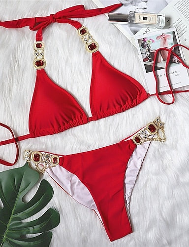 Normal Swimwear Bikini 2 Piece Thong Swimsuit Glitter Vacation Color Plunge Sleeveless Bathing Suits