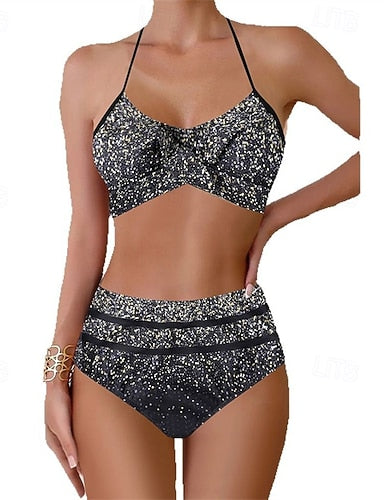 Tankini Two Piece Swimsuit Ruffle Swimwear Swimwear Blue Gold Breathable Quick Dry Lightweight Sleeveless - Swimming Surfing Beach Summer Spring
