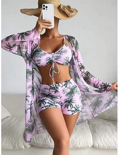 Bikini 3 Piece Swimsuit Palm Boy Leg Slim Backless Vacation Beach Wear Halter Neck Sleeveless Long Sleeve Bathing Suits
