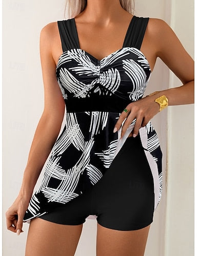 Swimwear Tankini 2 Piece Shorts Swimsuit Tummy Control High Waist Slim Backless Vacation V Neck Sleeveless Bathing Suits