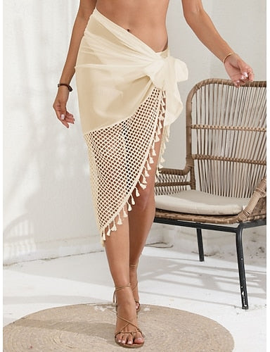 Cover Up Swimsuit Wrap Fringe Hem Vacation Beach Wear Color Sleeveless Bathing Suits
