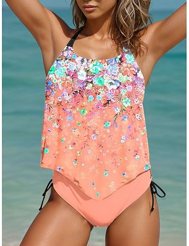 Tankini 2 Piece Swimsuit Cheeky Backless Vacation Beach Wear Ombre U Neck Sleeveless Bathing Suits