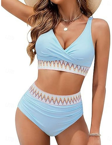 Bikini 2 Piece Swimsuit Ruched Underwire Briefs Slim Backless Vacation Beach Wear Color V Neck Sleeveless Bathing Suits