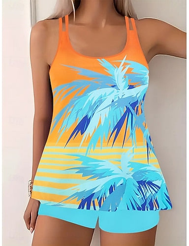 Tankini 2 Piece Swimsuit Palm Shorts Tummy Control High Waist Slim Backless Vacation Beach Wear Color Block U Neck Sleeveless Bathing Suits