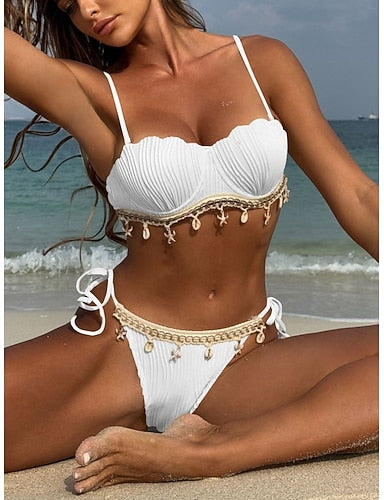 Bikini 2 Piece Swimsuit Underwire Thong Slim Backless Vacation Beach Wear Color V Neck Sleeveless Bathing Suits