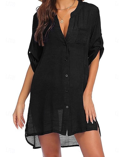 Mini Dress White Dress Beach Dress Black Dress Cover Up Classic Daily Outdoor Beach Loose Fit Plain Half Sleeve V Neck Blue Black White Army Green Summer Spring