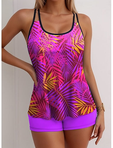 Tankini 2 Piece Swimsuit Palm High Waist Backless Vacation Beach Wear Graphic Geometic Scoop Neck Sleeveless Bathing Suits