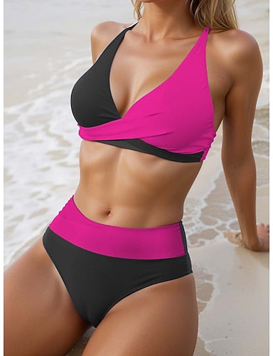 Bikini 2 Piece Swimsuit Ruched Cheeky Backless Vacation Beach Wear Color Halter Neck Sleeveless Bathing Suits