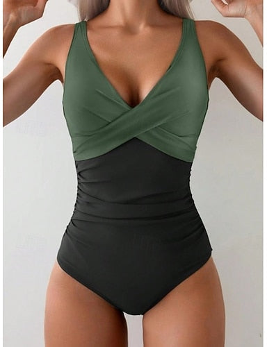 Swimwear One Piece Monokini Briefs Swimsuit Tummy Control High Waist Slim Backless Vacation Ombre Graphic V Neck Sleeveless Bathing Suits