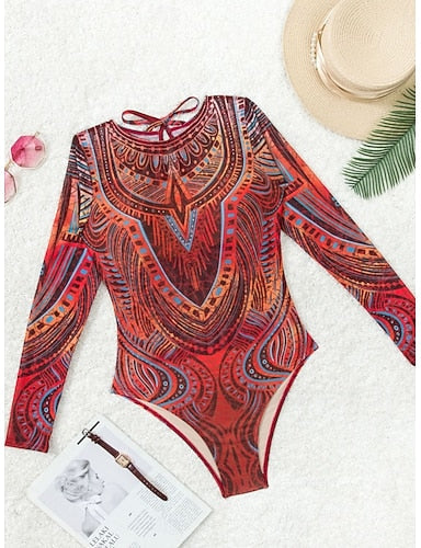 One Piece Swimsuit Slimming Cutout Monokini Tummy Control High Waist Slim Backless Vacation Graphic Geometic Round Neck Long Sleeve Bathing Suits