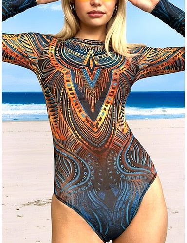 One Piece Swimsuit Slimming Cutout Monokini Tummy Control High Waist Slim Backless Vacation Graphic Geometic Round Neck Long Sleeve Bathing Suits
