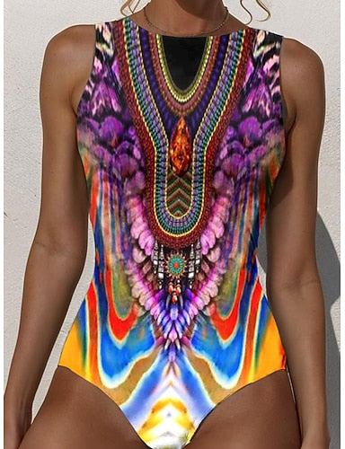 One Piece Swimsuit Slimming Monokini Briefs Tummy Control High Waist Slim Backless Vacation Beach Wear Graphic Round Neck Sleeveless Bathing Suits